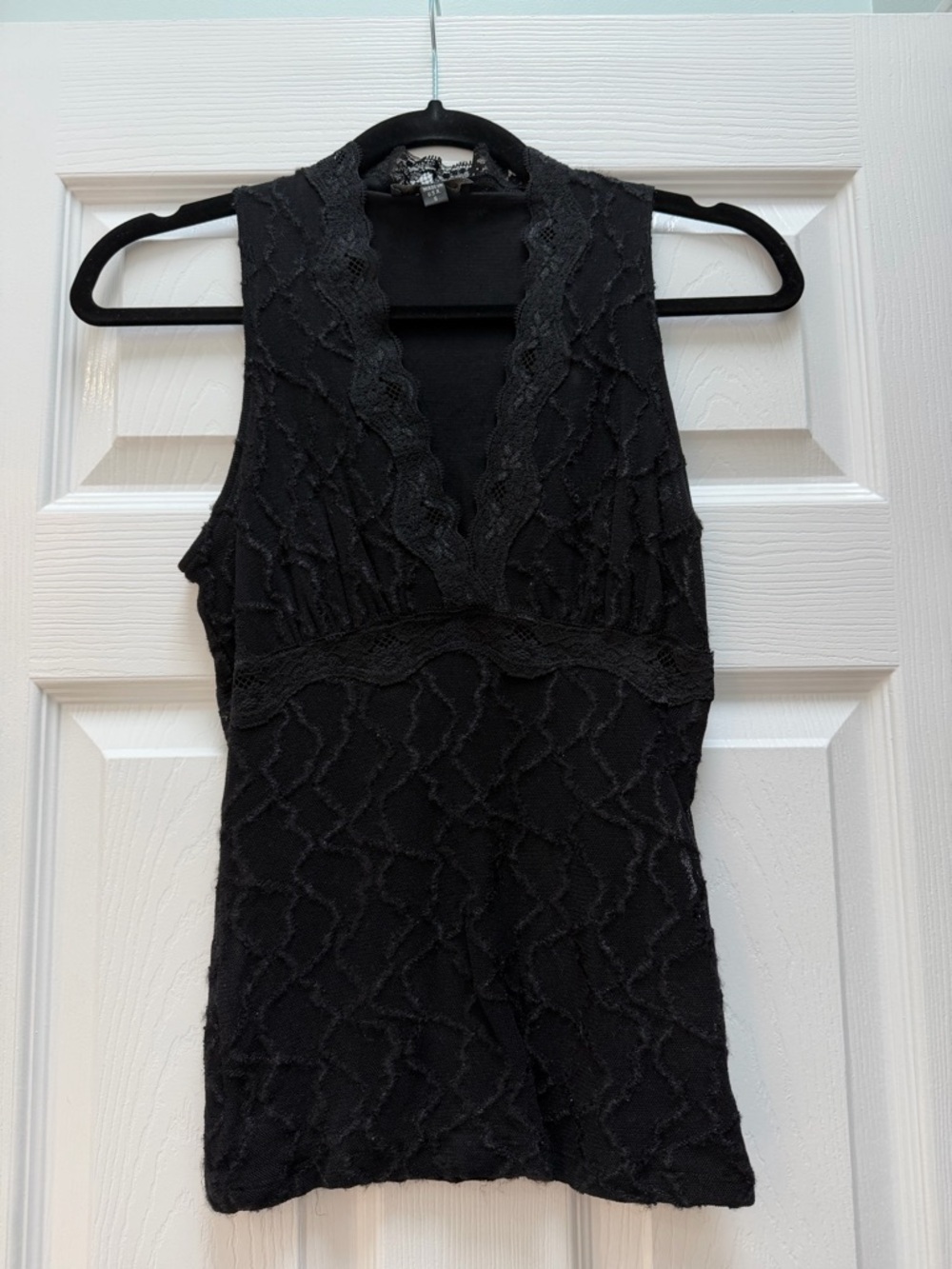 bebe Black Lace-Trim Deep V Sleeveless Top